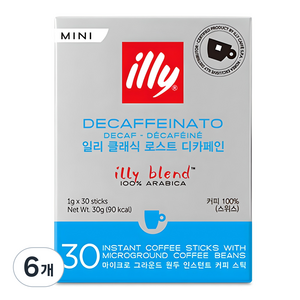 일리 클래식 로스트 디카페인 미니 커피스틱, 1g, 30개입, 6개