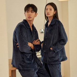도씨 커플용 플러피 솔리드 긴팔 카라 수면 잠옷 세트