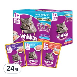 위스카스 어덜트 고양이 파우치 믹스드 버라이어티팩 습식사료 고등어 + 오션피쉬 + 고등어와 연어, 혼합맛, 80g, 24개