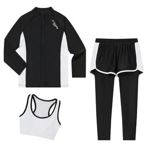 에스티홀리데이 주니어 아동용 여아용 집업 래쉬가드 상의 + 탑 + 이중 워터레깅스 세트