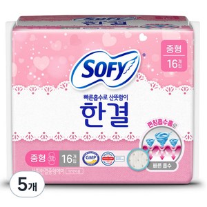 쏘피 한결 생리대 날개형, 중형, 16개입, 5개
