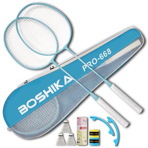BOSHIKA 배드민턴 라켓 2p + 셔틀콕 3p + 헤드커버 2p + 그립밴드 2p + 가방 풀구성, PRO-668(BL..., 1세트