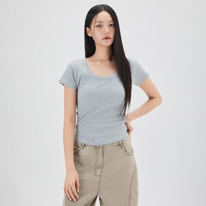 미쏘 여성용 골지 U넥 반팔 티셔츠