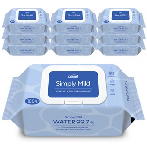 코멧 워터 99.7% 저자극 마일드 엠보싱 아기물티슈 캡형, 100매, 50g, 10팩