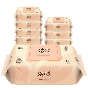 네츄럴오가닉 오리지널 엠보싱 유아용 물티슈 캡형, 52g, 100매, 10개