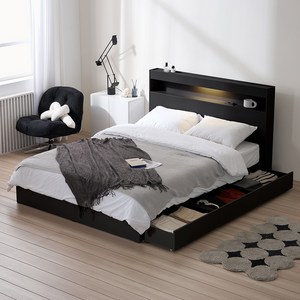 서울소호 트리플 LED 수납 침대프레임 + 파워 본넬 양면 매트리스 세트 침대, 블랙(프레임), 화이트(매트리스), 퀸