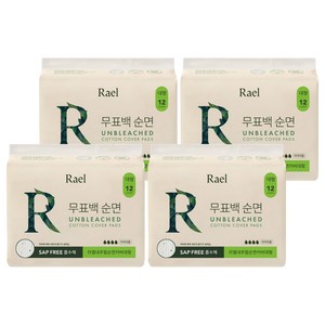 라엘 무표백 순면 생리대 날개형, 대형, 12개입, 4개