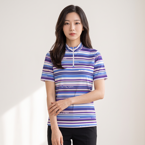 크로커다일 레이디 여성용 로고 스트라이프 포인트 반집업 티셔츠 CLDM-TS214