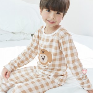 롤리트리 아동용 30수 싱글 9부 체크 곰돌이 프린트 실내복 상하 세트
