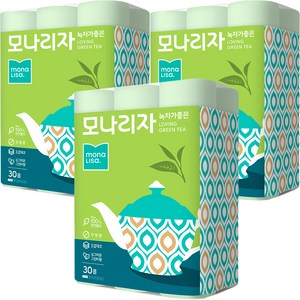모나리자 녹차가 좋은 천연펄프 3겹 고급롤화장지, 25m, 30롤, 3개