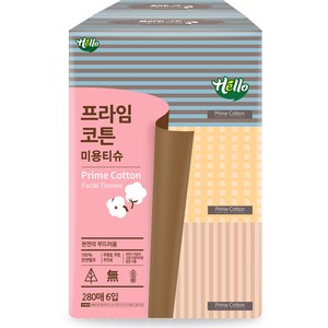 헬로 프라임 코튼 미용티슈, 280매, 6개