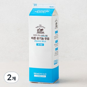 바른우유연구소 바른 유기가공식품인증 우유 무지방, 900ml, 2개