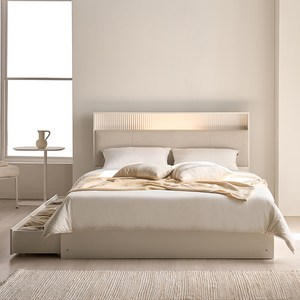 삼익가구 디세타 수납형 패브릭 템바보드 LED조명 침대, 화이트, 아이보리, 퀸