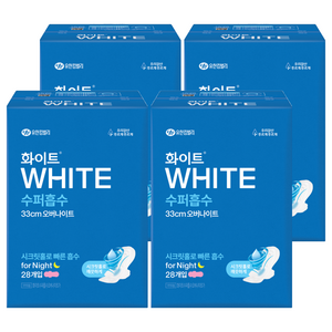 화이트 수퍼흡수 날개형 생리대, 오버나이트, 28개입, 4개