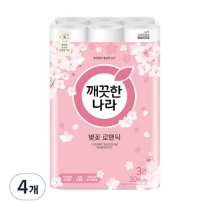 깨끗한나라 벚꽃 로맨틱 천연펄프 3겹 롤 화장지, 27m, 30개입, 4개