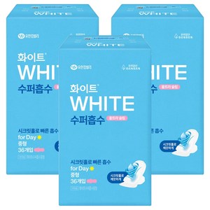 화이트 수퍼흡수 울트라슬림 생리대 날개형, 중형, 36개입, 3개