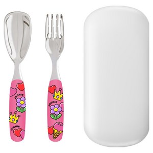 주니 유아용 올스테인레스 스푼 + 포크 + 케이스 세트, 핑크, 1세트