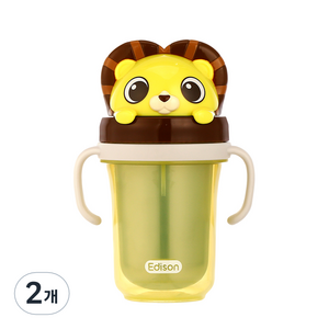 에디슨 프렌즈 흘림방지 이중 스텐 빨대컵 2 300ml, 사자 하이언, 2개