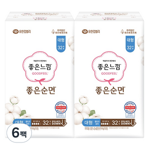 좋은느낌 순면 생리대 날개형, 대형, 32개입, 6개