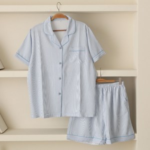 글램공감 커플용 요루 유리 스트라이프 반팔 투피스 파자마 상하의 세트