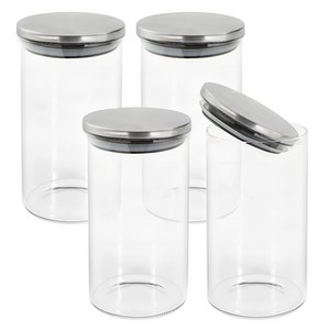 차이나다 스테인리스 원형 내열 밀폐 유리병 300ml x 4p + 뚜껑 4p 세트, 1세트