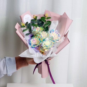 미다운플라워 조화 홀로그램 장미 5송이 꽃다발 + LED 세트, 인디퍼플