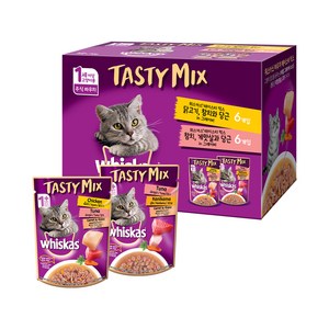 위스카스 1세 이상 고양이 테이스티믹스 베스트 믹스 습식사료 닭고기 참치와 당근 in 그레이비 + 참치 게맛살과 당근 in 그레이비, 닭, 70g, 12개