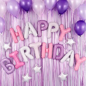 파티팡 은박풍선 생일파티 장식세트, 펄연퍼플커튼 해피벌..., 1세트