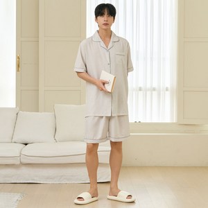 글램공감 커플용 요루 유리 스트라이프 반팔 투피스 파자마 상하의 세트