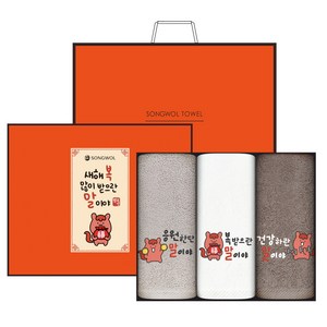 송월타올 2026 신년 레드 포니 자수 호텔수건 150g 30수 면사 3종 선물세트 + 쇼핑백, 아이보리, 라이트 ..., 1세트