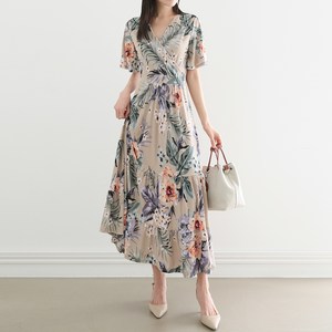 프롬코 여성용 여름 플라워 랩 셔링 캉캉 맥시 롱 원피스 FRC189