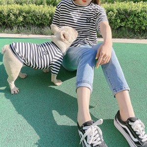새코밍 반려동물 커플룩 스트라이프 티셔츠 세트, 검정색, XL(반려동물), ..., 1개