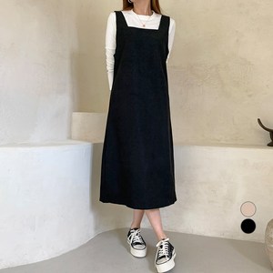 무드인더 여성용 피치 기모 무지 스퀘어 뷔스티에 롱 원피스