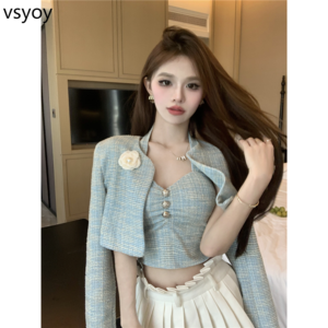 vsyoy 우아한 카디건 짧은 코트 여성의 가을과 겨울 Halte Camisole 작은 투피스 세트