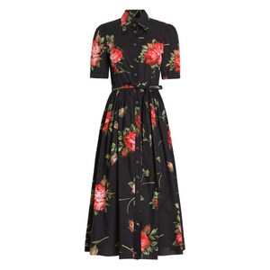 돌체앤가바나 플로럴 프린트 벨트 미디 드레스, 블랙계열+레드계열, Italy 42(KR 55)