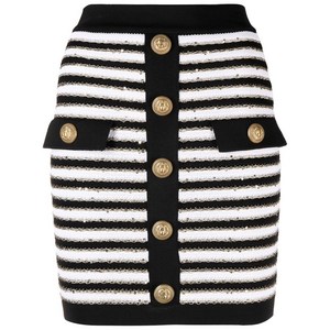 발망 스트라이프 버튼 스커트, 블랙계열+화이트계열, France 38(KR 66)