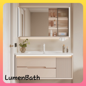 루멘바스 화장실 세면대 세트 상부장 하부장 세면기 욕실 소형 일체형 사각 호텔 세면볼 매립, 백라이트 거울 + 세면대 + 하부장