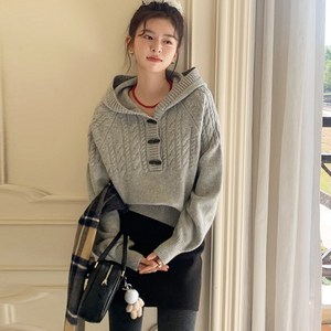 메이킹유 [4colo/주문폭주] 케이블 꽈배기 떡볶이 3단 버튼 긴팔 후드니트 스웨터 러블리무드 데이트룩 WB7327세라후드니트