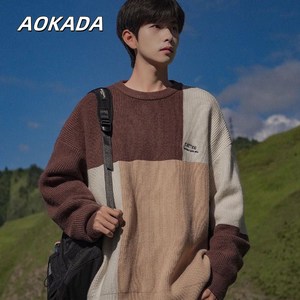 AOKADA 니트 겨울 니트 남자 배색 루즈핏 트렌디 배색 오버핏 라운드넥 도톰 스웨터 남자 니트 2colors