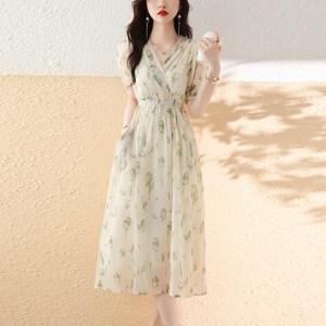 프렌치 꽃무늬 쉬폰 브이넥 허리 하이엔드 스위트 롱 원피스