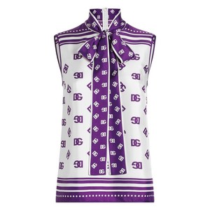 돌체앤가바나 DG 로고 올오버 실크 트윌 탑, 화이트계열+바이올렛/보라계열, Italy 44(KR 66)