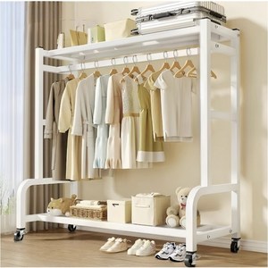 BILIMO 튼튼한 철제 스탠드 2단 선반 이불 케리어 수납 가능한 이동식 옷걸이 행거
