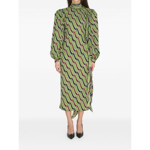 구찌 리본 프린트 퍼프 소매 실크 미디 드레스