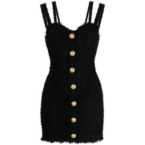 발망 버튼 장식 트위드 미니 드레스