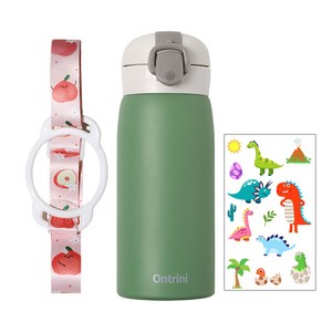 온트리니 원터치 보온보냉 스텐 텀블러 350ml 스트랩세트(공룡스티커증정), 그린