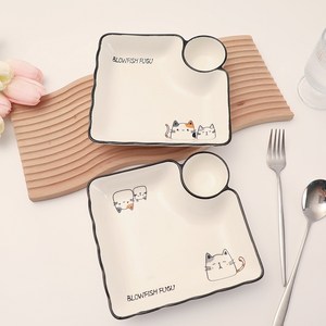 MorningSea 심플 화이트만두접시 고양이 패턴 스시나눔접시 캐릭터 도자기 접시 2P/4P