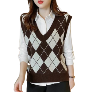 여성 트랜드 봄 가을 브이넥 격자 니트조끼 Women's knit vest