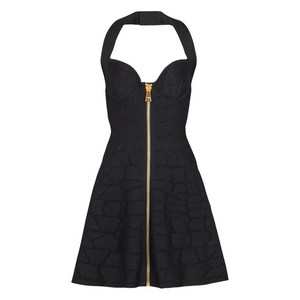 발망 홀터넥 지퍼 프런트 미니 드레스