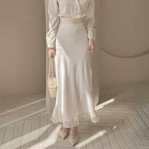 떳다그녀 래디언트 시스루 밑단 2단 레이어드 머메이드 새틴 치마 오간자 망사 샤틴 쉬폰 롱스커트