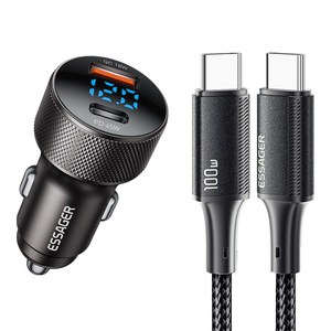 Essager 45W 2포트 USB A타입 TO C타입 PD3.0 QC3.0 차량용 초고속 충전기 C-C타입 포함, 그레이, 1세트